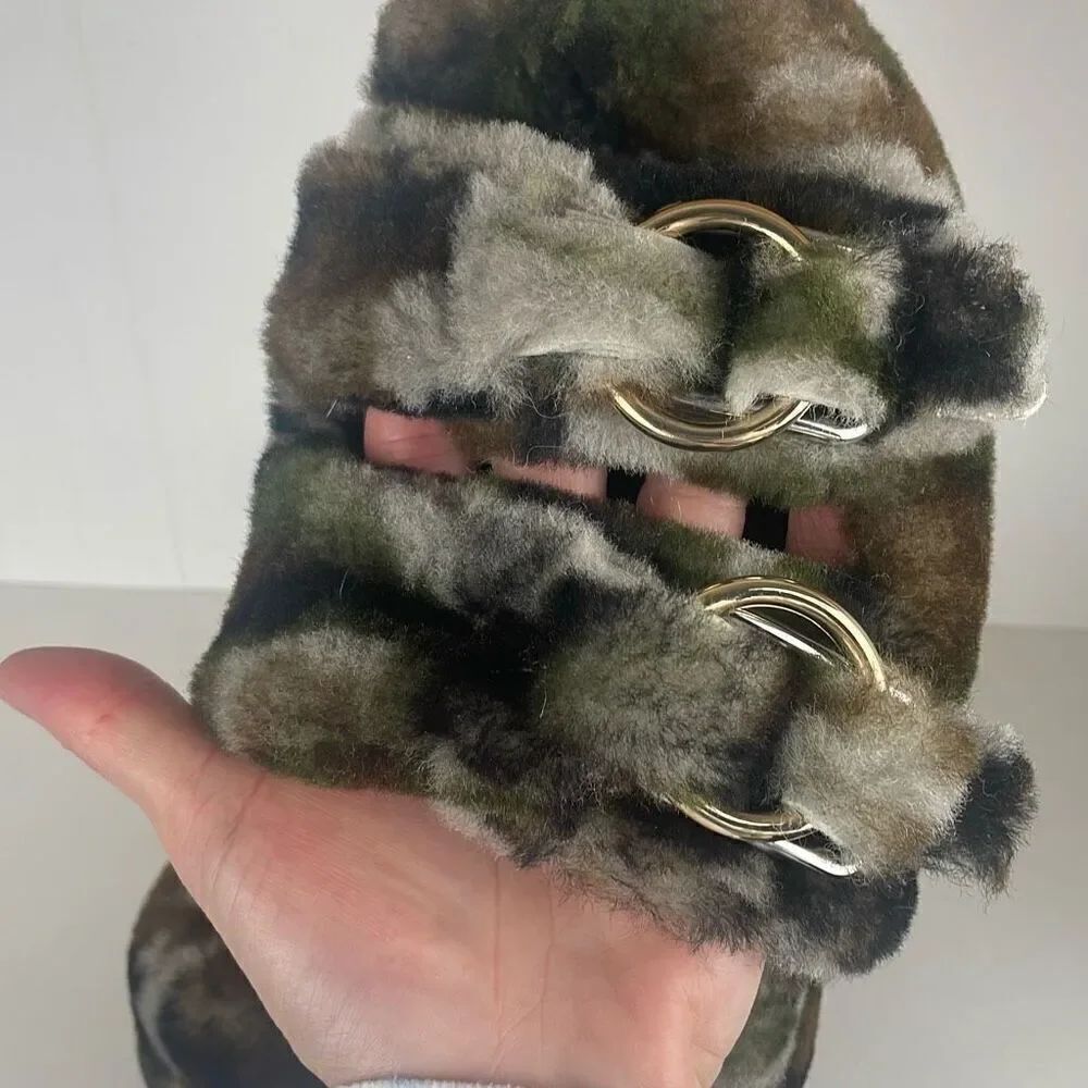 J/SLIDES Genuine Shearling 2 Strap Platform Slide Sandals camouflage 7 - Picture 7 of 9